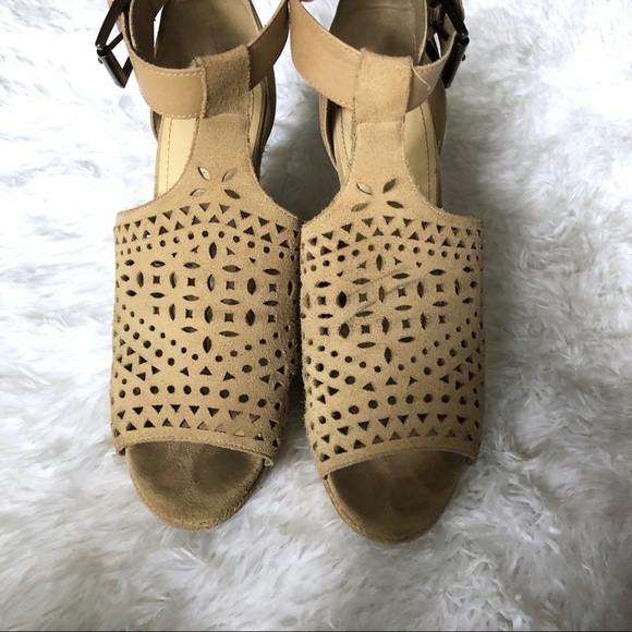 Marc Fisher Hasina Espadrille Suede Wedges 9 Tan Open Peep Toe Cutout Buckle - Picture 6 of 8